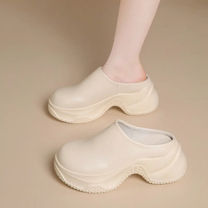 Baotou Semi-slippers Women Wear New Soft Leather Platform Round Head Small Water Platform Heightened Lazy Slip-on Slippers