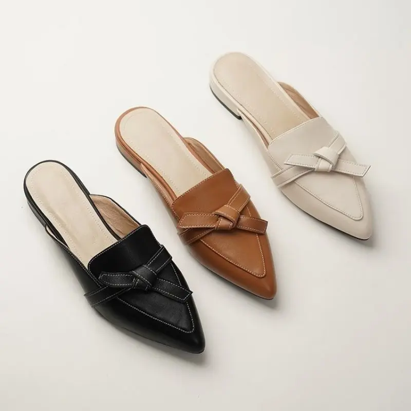 New Summer Toe Pointed Toe Semi-slippers Women's Flat Soles Low-heeled Half-support Sandals