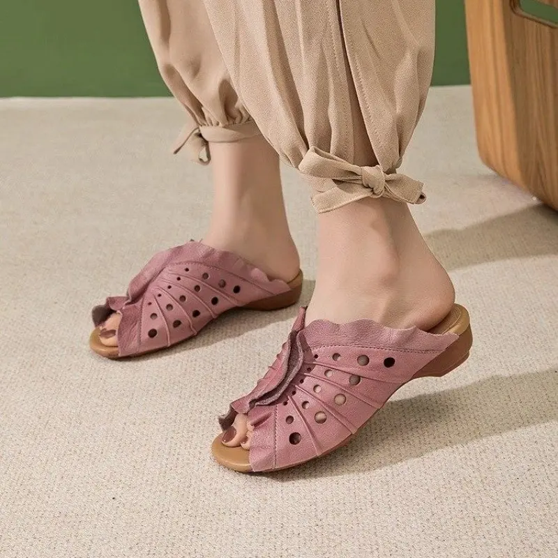 Summer New Leather Cold Slippers Women Low Heel Comfortable Versatile Retro Casual Soft Sole Cutout Slippers