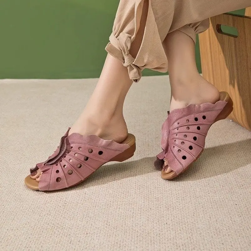 Summer New Leather Cold Slippers Women Low Heel Comfortable Versatile Retro Casual Soft Sole Cutout Slippers