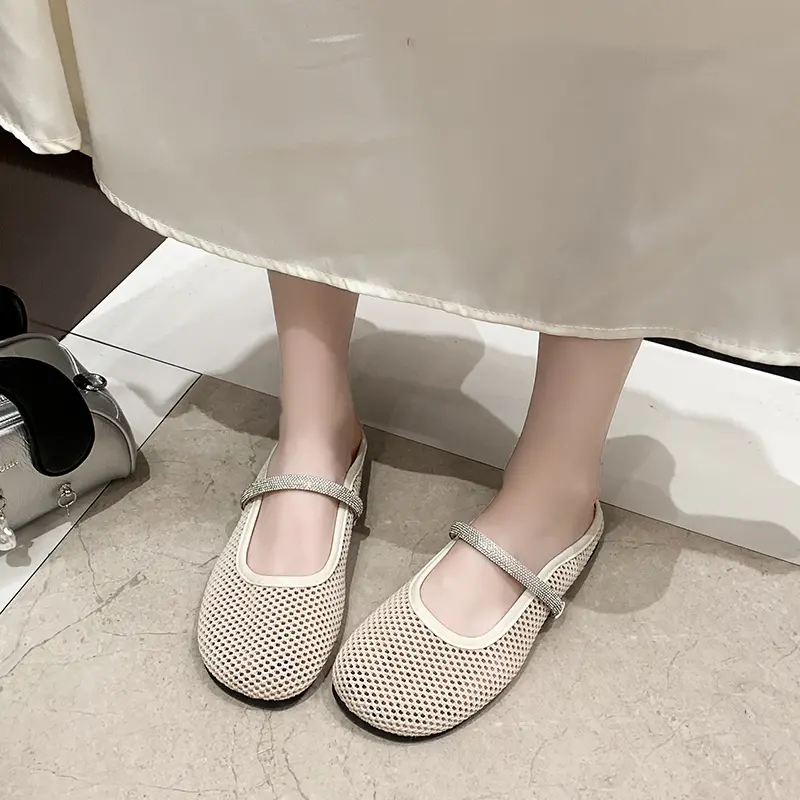 Ladies Baotou Half Slippers Autumn New Round Head Shallow Mouth Mesh Breathable Soft Bottom Sandals