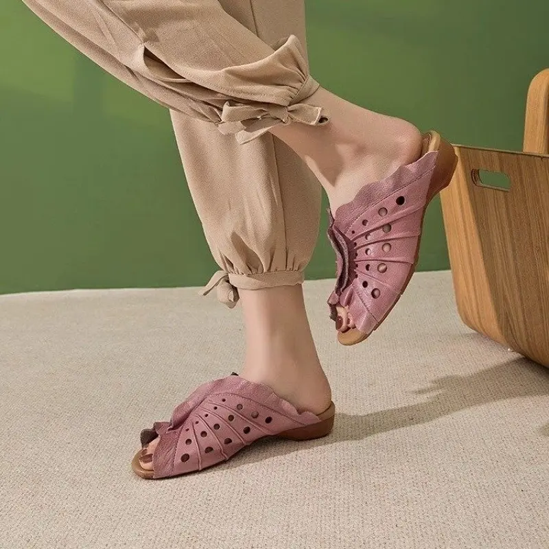 Summer New Leather Cold Slippers Women Low Heel Comfortable Versatile Retro Casual Soft Sole Cutout Slippers