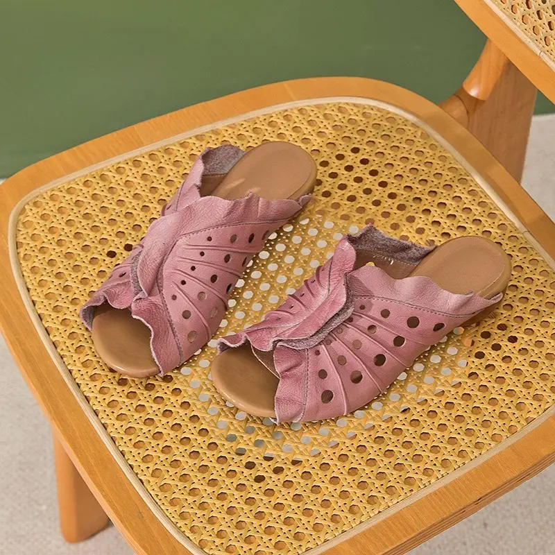 Summer New Leather Cold Slippers Women Low Heel Comfortable Versatile Retro Casual Soft Sole Cutout Slippers