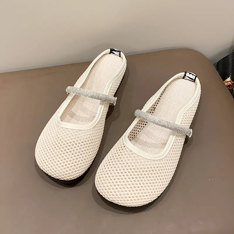 Ladies Baotou Half Slippers Autumn New Round Head Shallow Mouth Mesh Breathable Soft Bottom Sandals