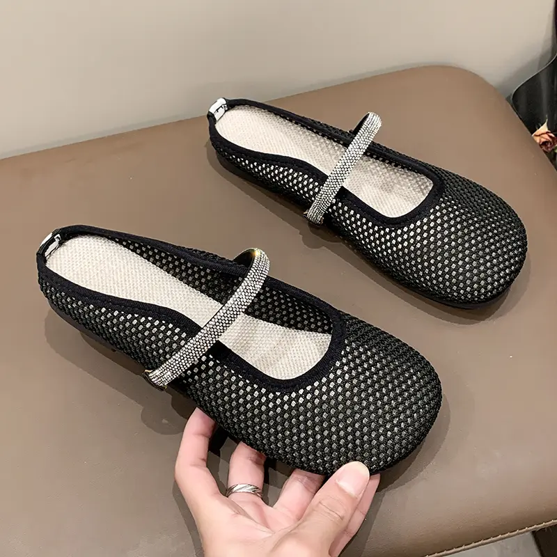 Ladies Baotou Half Slippers Autumn New Round Head Shallow Mouth Mesh Breathable Soft Bottom Sandals
