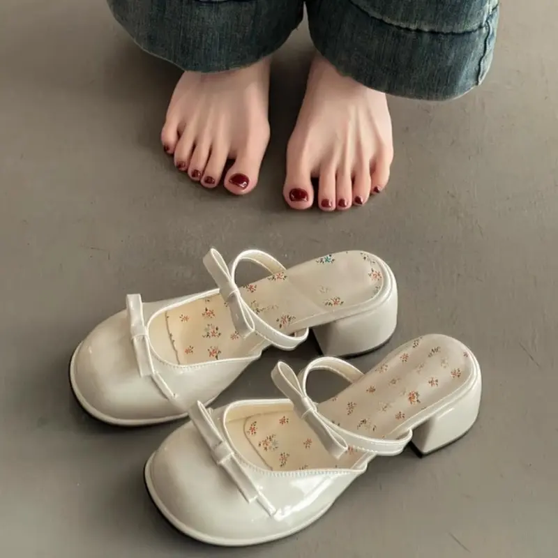 Small Floral Baotou Slippers for Summer Wear 2025 New Round Toe Shallow Mouth Bow with Skirt Block Heel High Heel Sandals