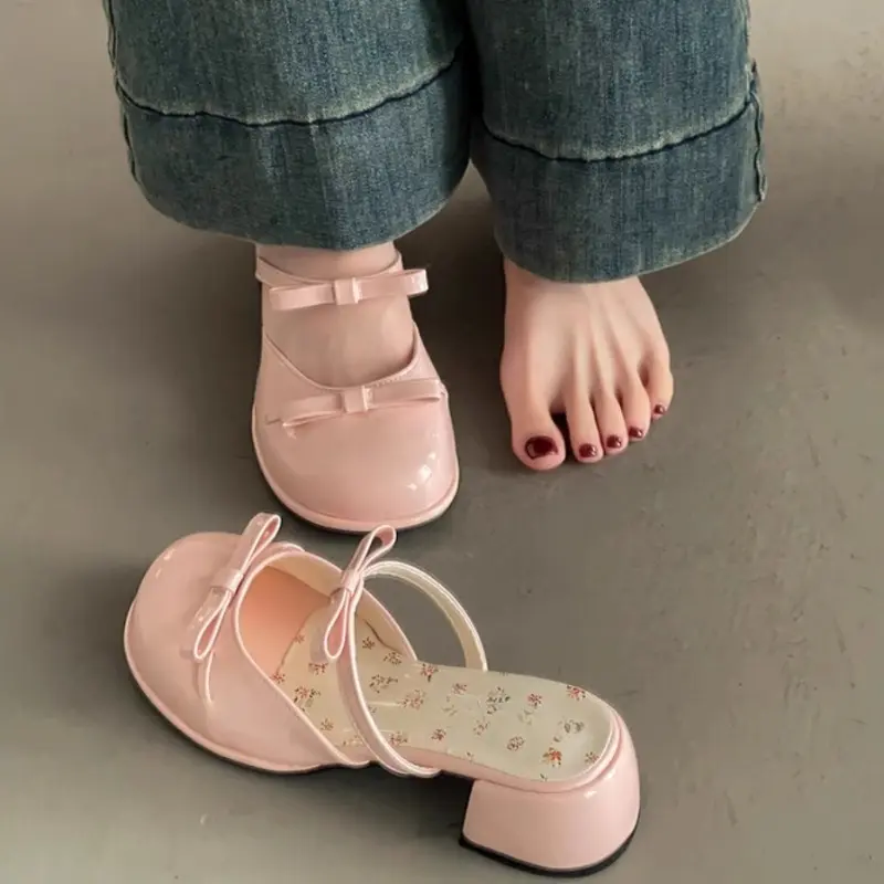 Small Floral Baotou Slippers for Summer Wear 2025 New Round Toe Shallow Mouth Bow with Skirt Block Heel High Heel Sandals
