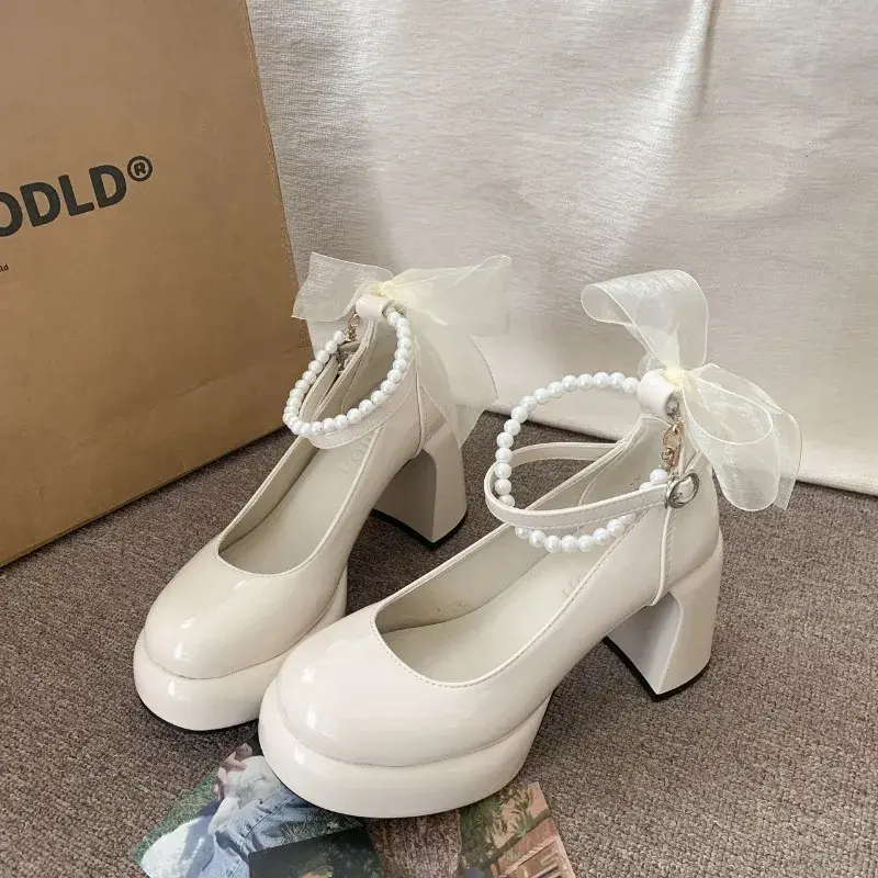 Mary Jane Shoes Women's Spring New Ultra-high Heel Pearl Chain with Platform Block Heel Wedding Shoes Lolita Shoes