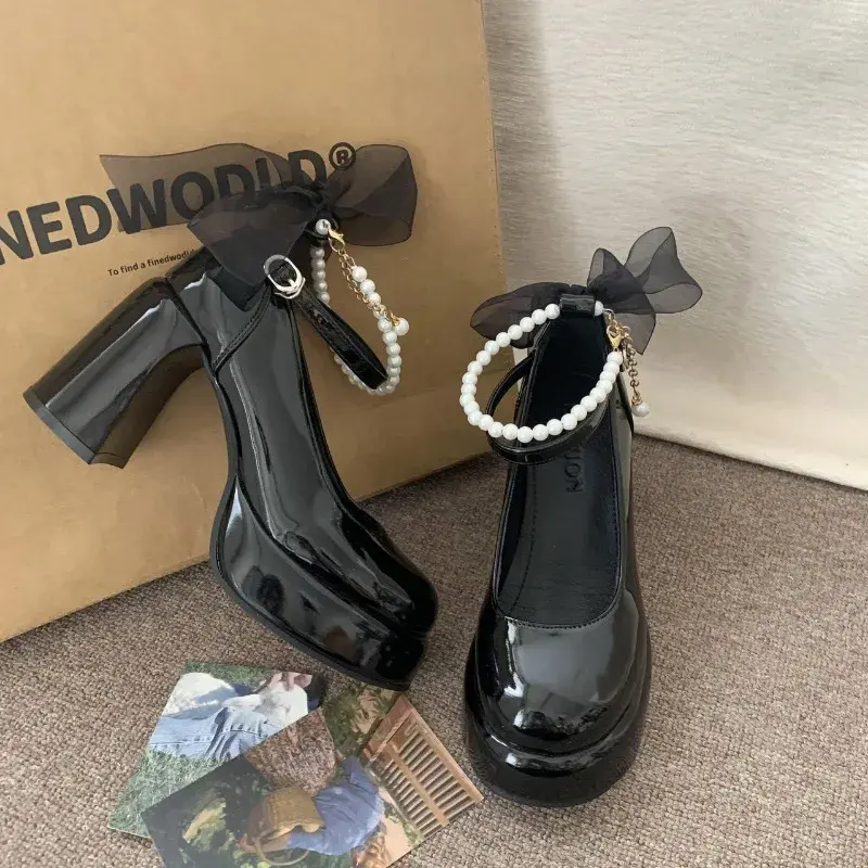 Mary Jane Shoes Women's Spring New Ultra-high Heel Pearl Chain with Platform Block Heel Wedding Shoes Lolita Shoes