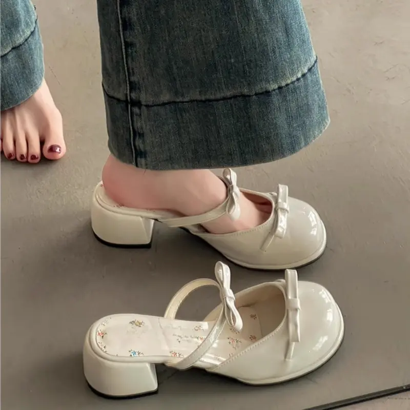 Small Floral Baotou Slippers for Summer Wear 2025 New Round Toe Shallow Mouth Bow with Skirt Block Heel High Heel Sandals