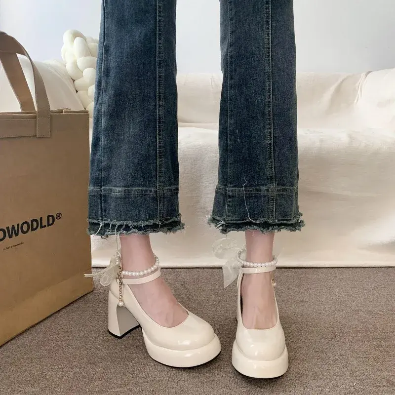 Mary Jane Shoes Women's Spring New Ultra-high Heel Pearl Chain with Platform Block Heel Wedding Shoes Lolita Shoes