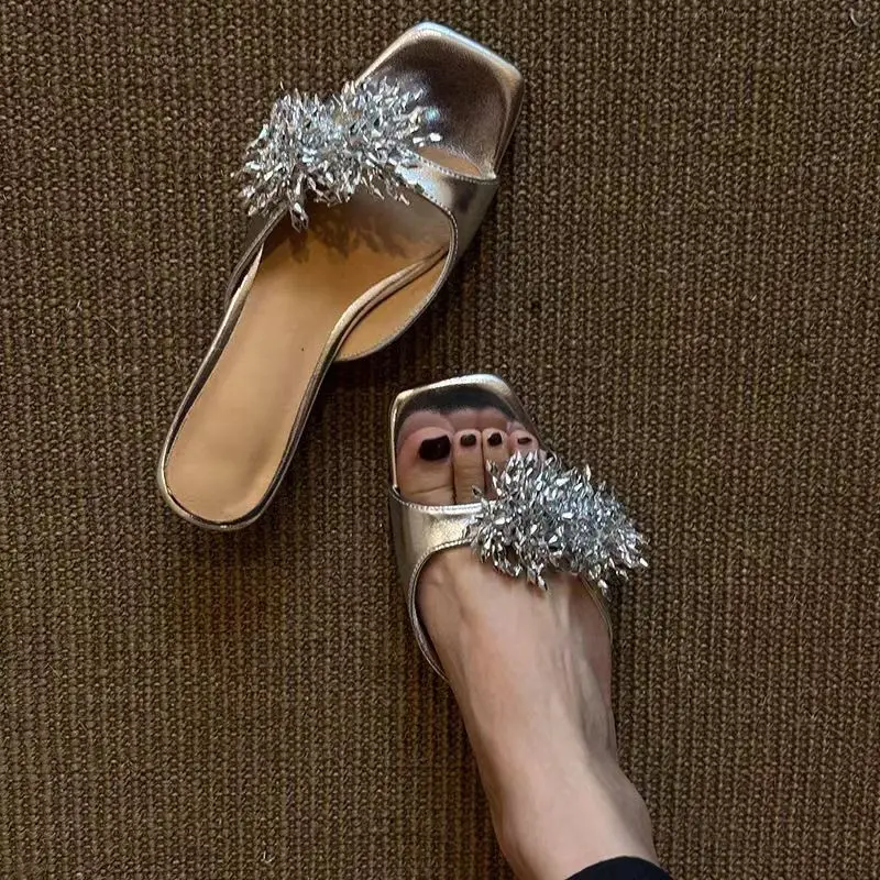 Gold Rhinestone Flower Sandals and Slippers Women's Summer New Fashion Temperament Square Toe Open Toe Stiletto Slippers