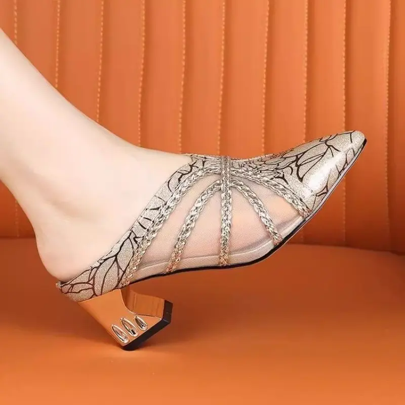 Special-shaped Heel Baotou Slippers Women's Fashion Pointed Toe Shallow Mouth Splicing Mesh Surface Non-slip Semi-drag