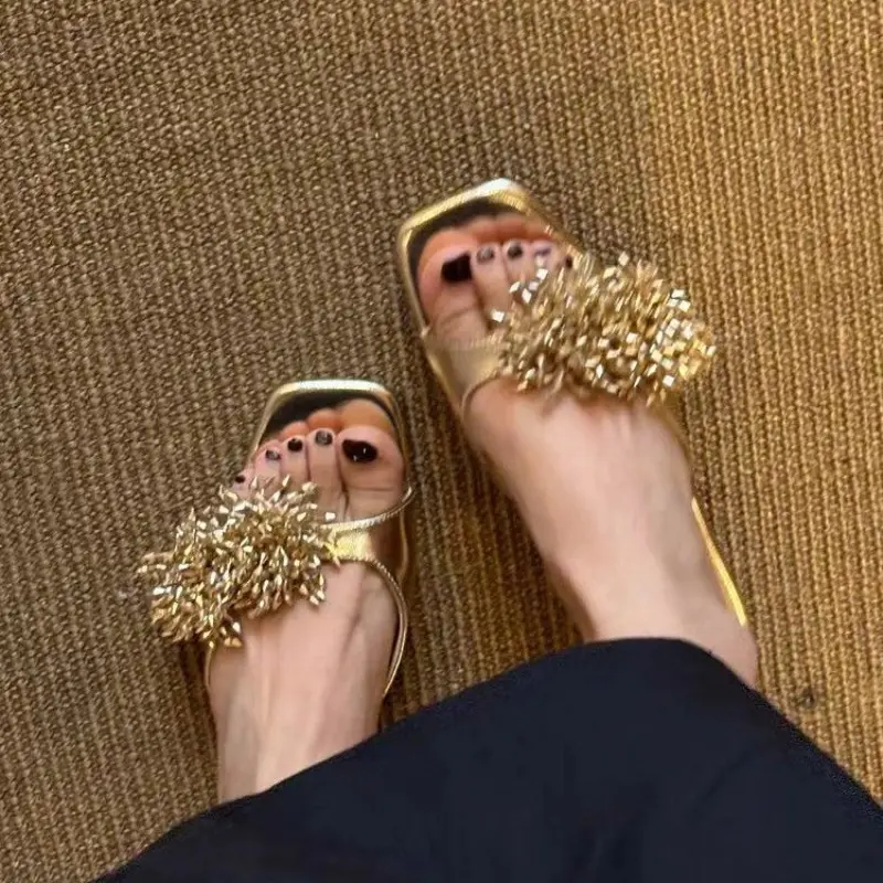 Gold Rhinestone Flower Sandals and Slippers Women's Summer New Fashion Temperament Square Toe Open Toe Stiletto Slippers