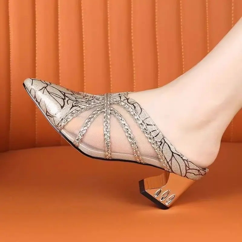 Special-shaped Heel Baotou Slippers Women's Fashion Pointed Toe Shallow Mouth Splicing Mesh Surface Non-slip Semi-drag