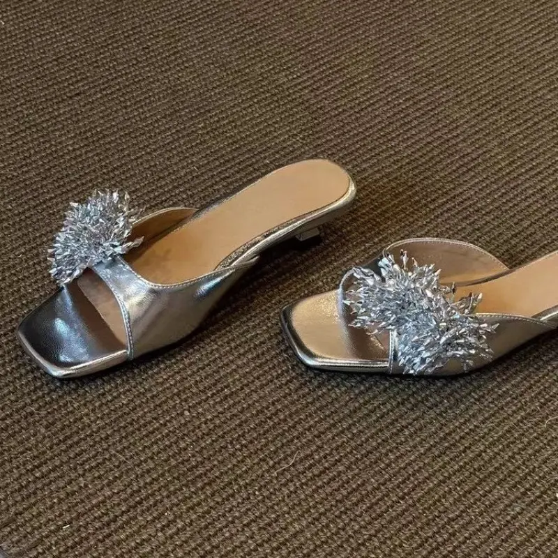 Gold Rhinestone Flower Sandals and Slippers Women's Summer New Fashion Temperament Square Toe Open Toe Stiletto Slippers