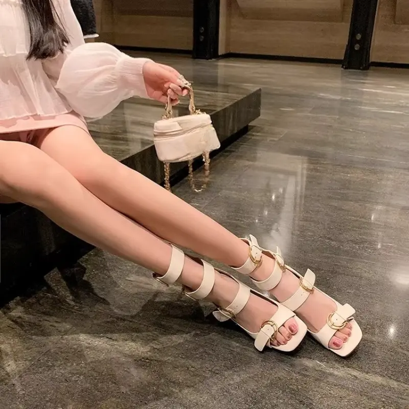Fish Mouth High Heel Sandals Women's Summer Square Toe Open Toe Metal Belt Buckle Roman Cutout Square Heel Shoes
