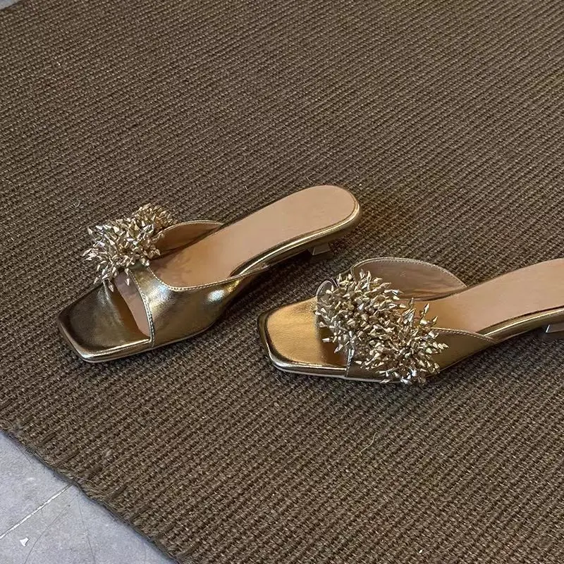 Gold Rhinestone Flower Sandals and Slippers Women's Summer New Fashion Temperament Square Toe Open Toe Stiletto Slippers
