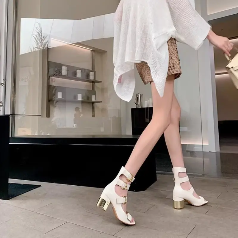 Fish Mouth High Heel Sandals Women's Summer Square Toe Open Toe Metal Belt Buckle Roman Cutout Square Heel Shoes