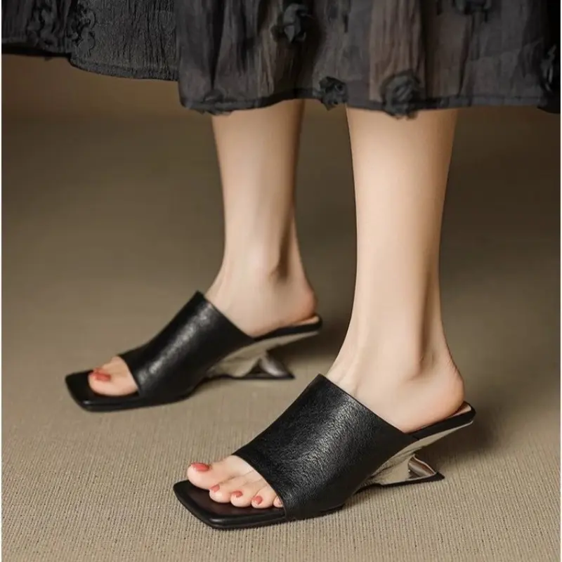 Retro Fashion Limp Heel Slippers for Women 2025 Summer New Square Toe Soft Leather Flip-flops Special-shaped Heels
