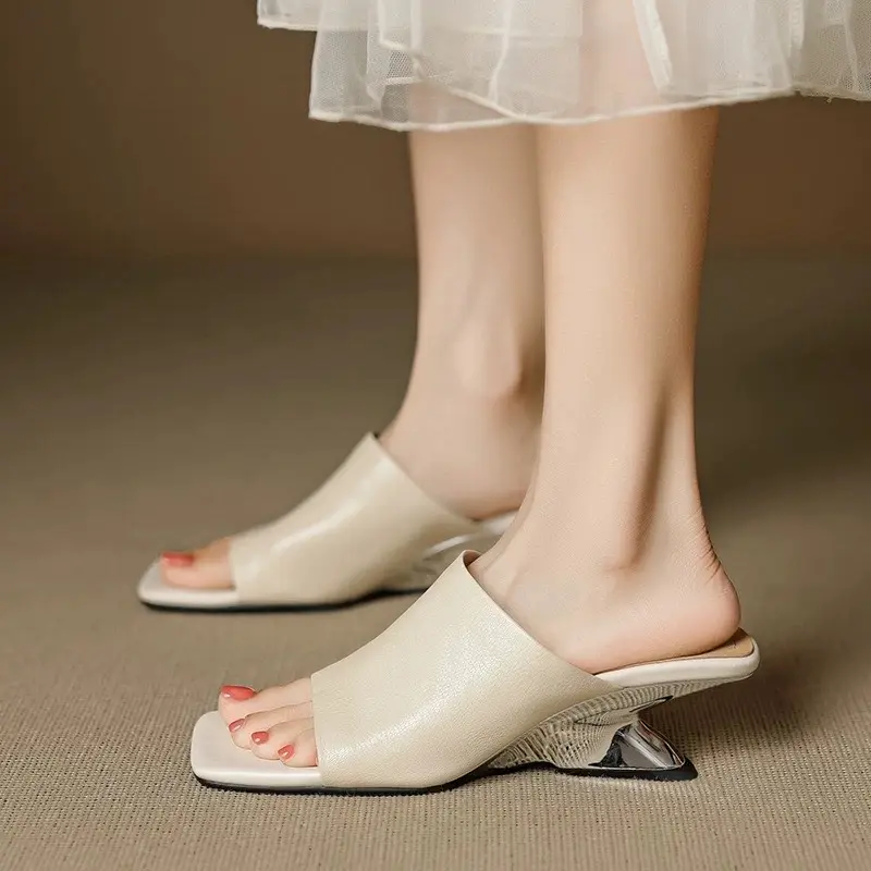 Retro Fashion Limp Heel Slippers for Women 2025 Summer New Square Toe Soft Leather Flip-flops Special-shaped Heels