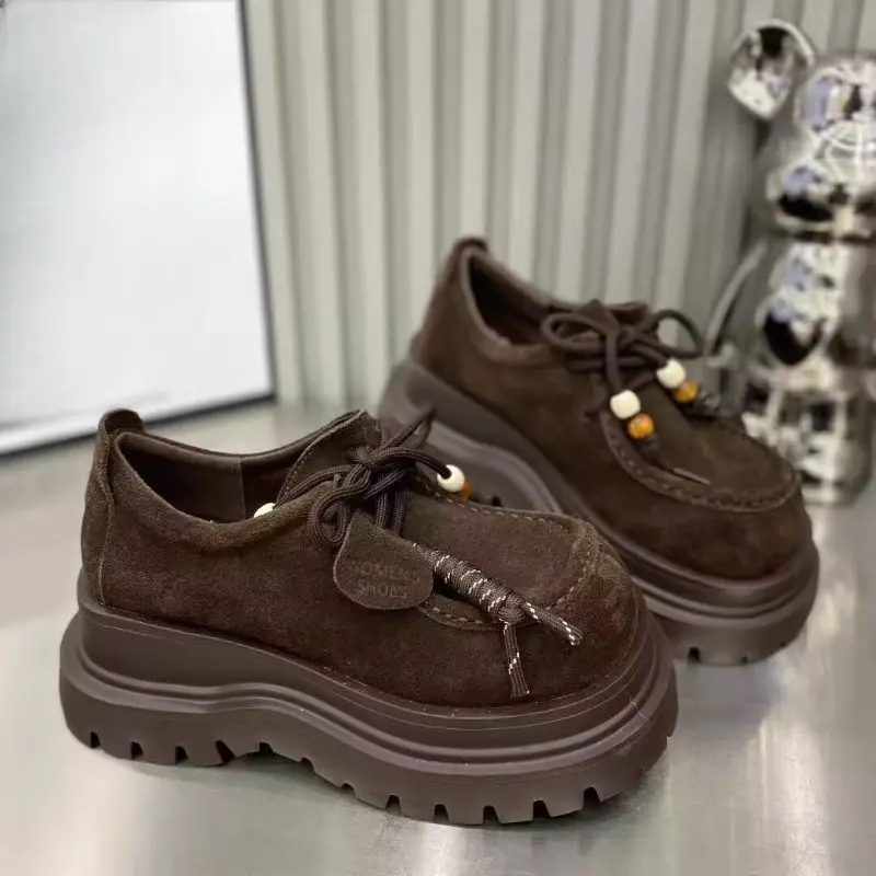 Platform Single Shoes Autumn New Suede Round Toe Lace-Up Front Non-Slip Wear-Resistant Mid-Heel Low-Top Shoes