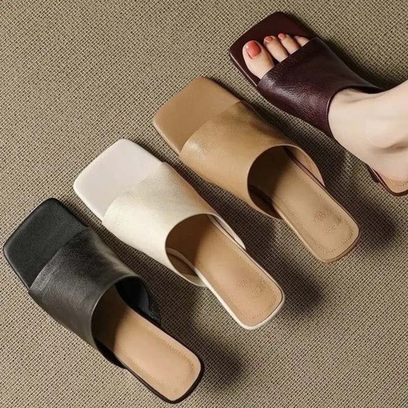 Retro Fashion Limp Heel Slippers for Women 2025 Summer New Square Toe Soft Leather Flip-flops Special-shaped Heels