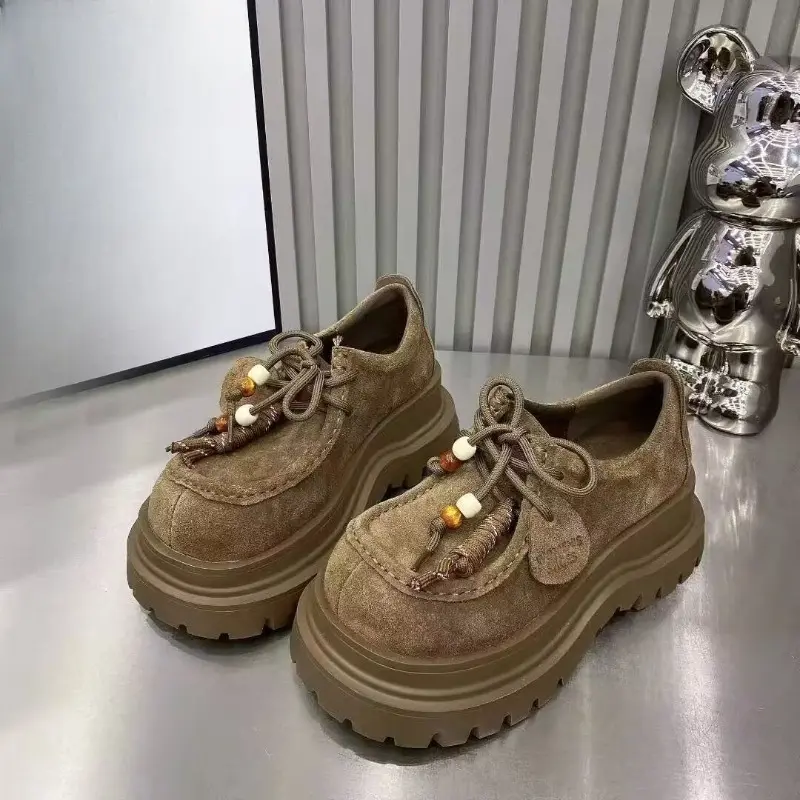 Platform Single Shoes Autumn New Suede Round Toe Lace-Up Front Non-Slip Wear-Resistant Mid-Heel Low-Top Shoes