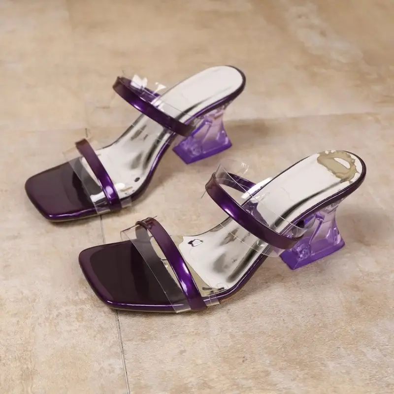 Crystal Special Heel Slippers Summer New Square Toe Transparent One Strap Anti-slip Wear-resistant High Heels