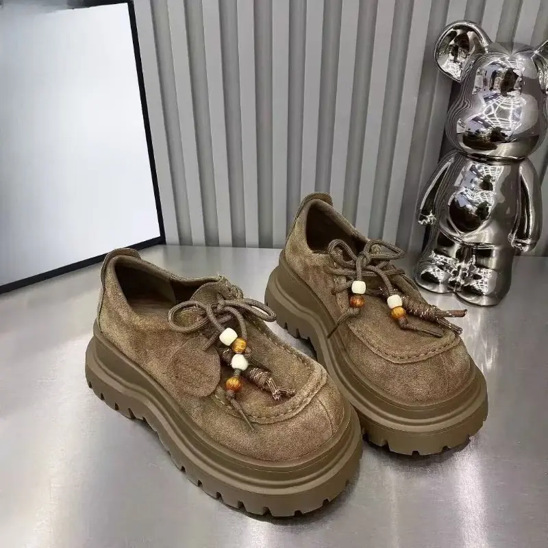 Platform Single Shoes Autumn New Suede Round Toe Lace-Up Front Non-Slip Wear-Resistant Mid-Heel Low-Top Shoes