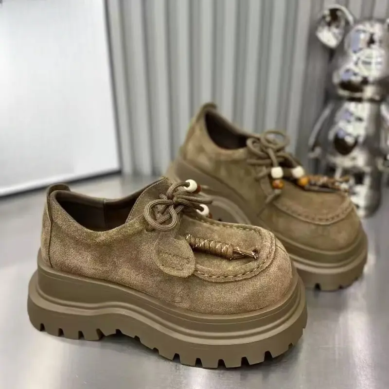 Platform Single Shoes Autumn New Suede Round Toe Lace-Up Front Non-Slip Wear-Resistant Mid-Heel Low-Top Shoes