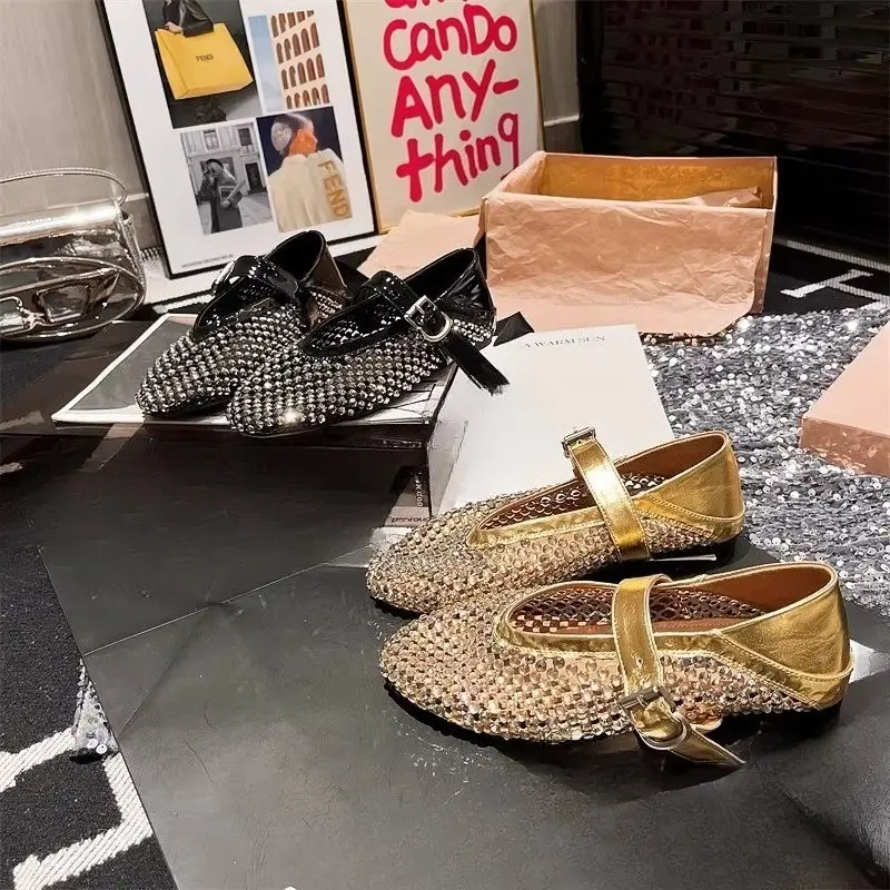New Rhinestone Full Diamond Fishing Net Hollowed Out One Word Mary Zhen Baotou Flat Single Shoes Round Toe Sandals for Women