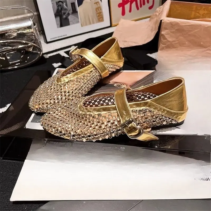 New Rhinestone Full Diamond Fishing Net Hollowed Out One Word Mary Zhen Baotou Flat Single Shoes Round Toe Sandals for Women