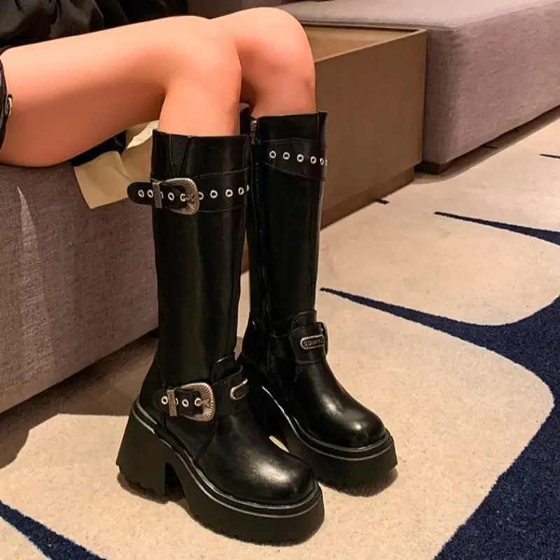 Women's Thick Heel Cotton Boots New Winter Round Head Side Zipper Rivet Metal Belt Buckle Thick Sole Non-slip Boots