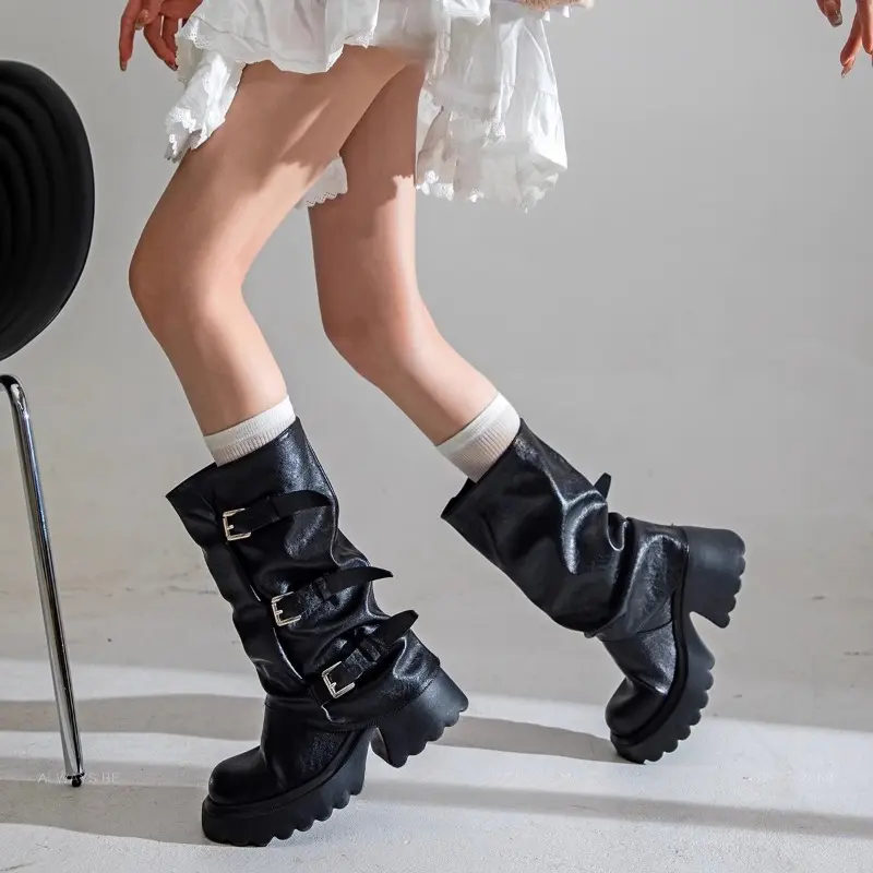 Autumn and Winter New Platform Block Heel Mid-tube Boots Women's Round Toe Metal Buckle Platform Belt Buckle High Heel Boots