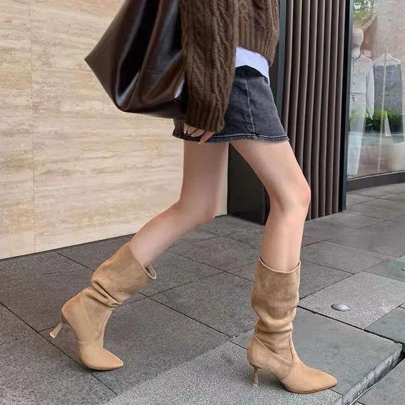 Mid Tube Pointed Toe Pleated Stiletto Heel Pile Boots Lazy Wind Autumn Loose Suede Sleeve High Heel Boots