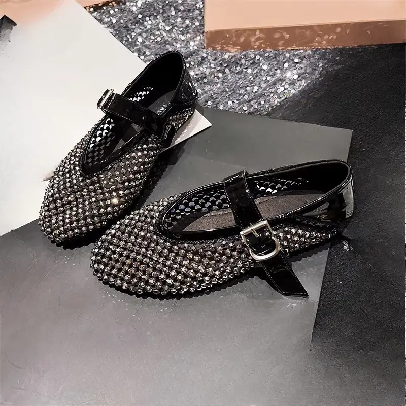 New Rhinestone Full Diamond Fishing Net Hollowed Out One Word Mary Zhen Baotou Flat Single Shoes Round Toe Sandals for Women