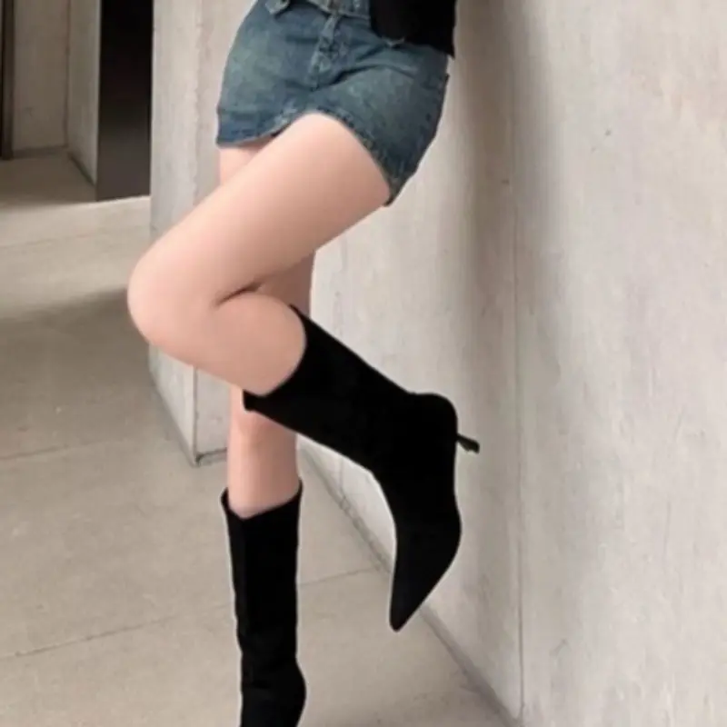 Mid Tube Pointed Toe Pleated Stiletto Heel Pile Boots Lazy Wind Autumn Loose Suede Sleeve High Heel Boots