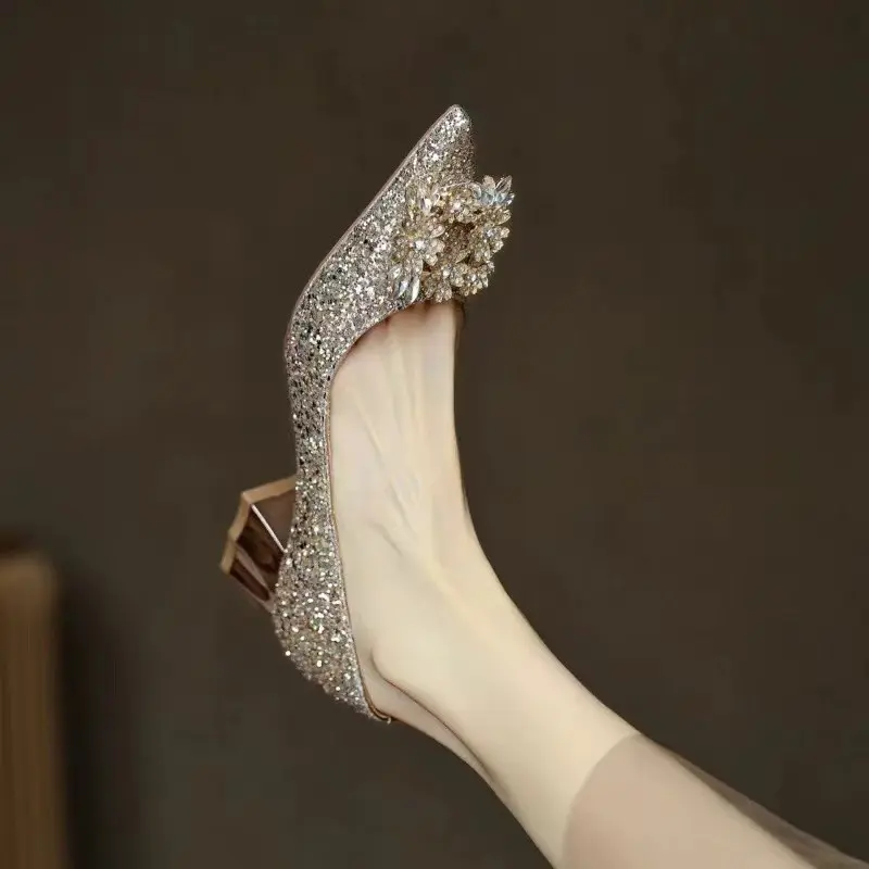 Women's Fashion Thick Heel Shoes Fall New Pointy Head Shallow Mouth Sequin Cloth Diamond-like Buckle Temperament Low Top Shoes