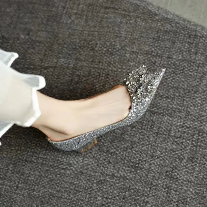 Women's Fashion Thick Heel Shoes Fall New Pointy Head Shallow Mouth Sequin Cloth Diamond-like Buckle Temperament Low Top Shoes