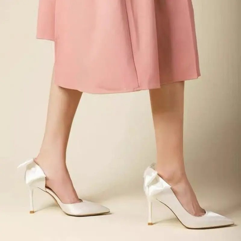 High Heel Single Shoes Summer New Pointed Head Satin Butterfly Knot Set Foot Anti-slip Wear-resistant Heel Shoes
