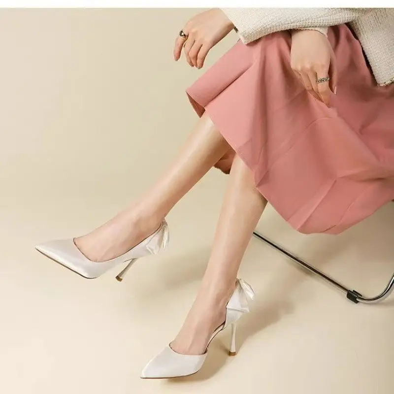 High Heel Single Shoes Summer New Pointed Head Satin Butterfly Knot Set Foot Anti-slip Wear-resistant Heel Shoes