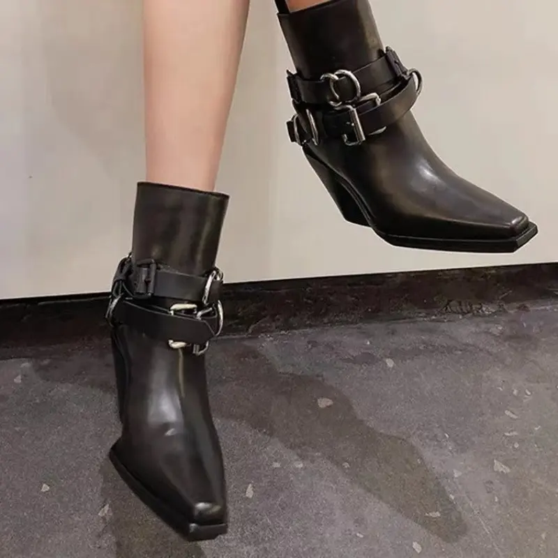 Wedge Single Shoes Four Seasons Square Toe Sleeve Metal Belt Buckle Anti-Slip Wear-Resistant Short Shoes