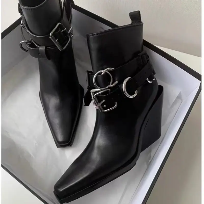 Wedge Single Shoes Four Seasons Square Toe Sleeve Metal Belt Buckle Anti-Slip Wear-Resistant Short Shoes