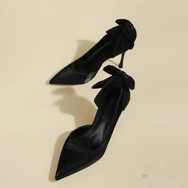 High Heel Single Shoes Summer New Pointed Head Satin Butterfly Knot Set Foot Anti-slip Wear-resistant Heel Shoes