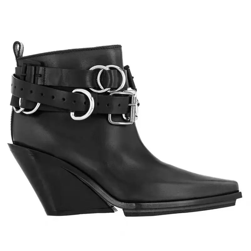 Wedge Single Shoes Four Seasons Square Toe Sleeve Metal Belt Buckle Anti-Slip Wear-Resistant Short Shoes