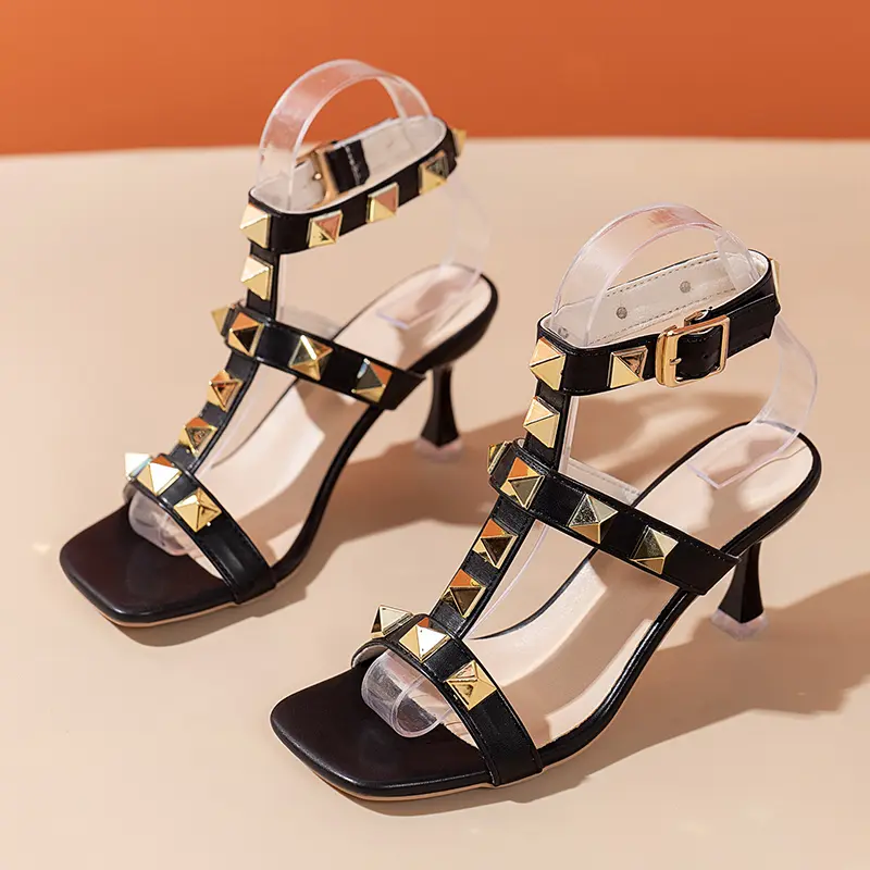 Square Toe Open Toe Stiletto Sandals Spring and Summer New Sexy Big Rivet One Buckle Non-slip Wear-resistant High Heels