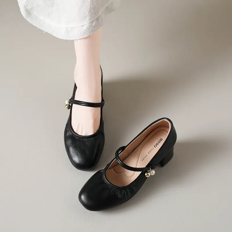 Fashion Single Boots Women's Fashion Round Toe Shallow Mouth One Strap Pleated Non-Slip Wear-Resistant Block Heel Boots