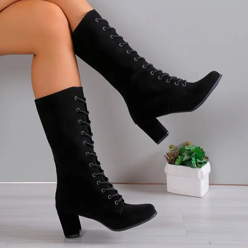 Winter New Coarse Heel Shoes Women's Round Head Front Cross Lacing Anti-slip Wear-resistant High Boots