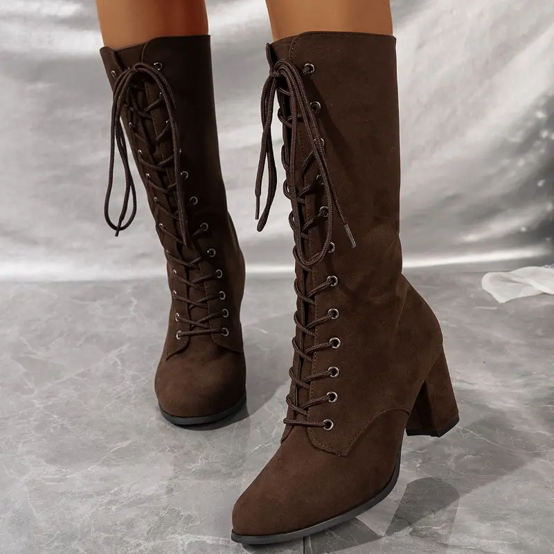 Winter New Coarse Heel Shoes Women's Round Head Front Cross Lacing Anti-slip Wear-resistant High Boots